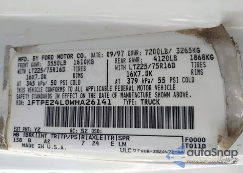 1998 Ford E-250 Commercial/Recreational из США, поврежденный, VIN 1FTPE24L0WHA26141